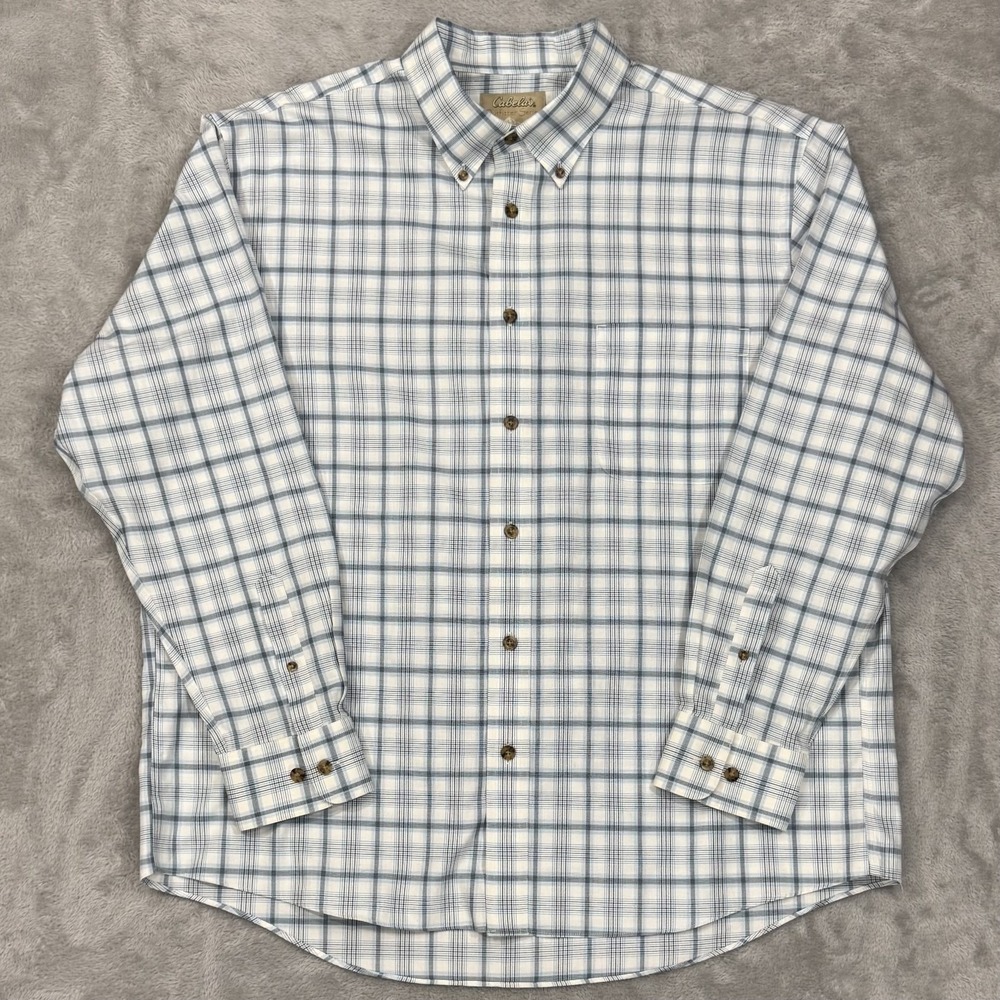 Cabelas Shirt Mens XL Blue White‎ Plaid Button Down Chest Pocket Pleated Dad